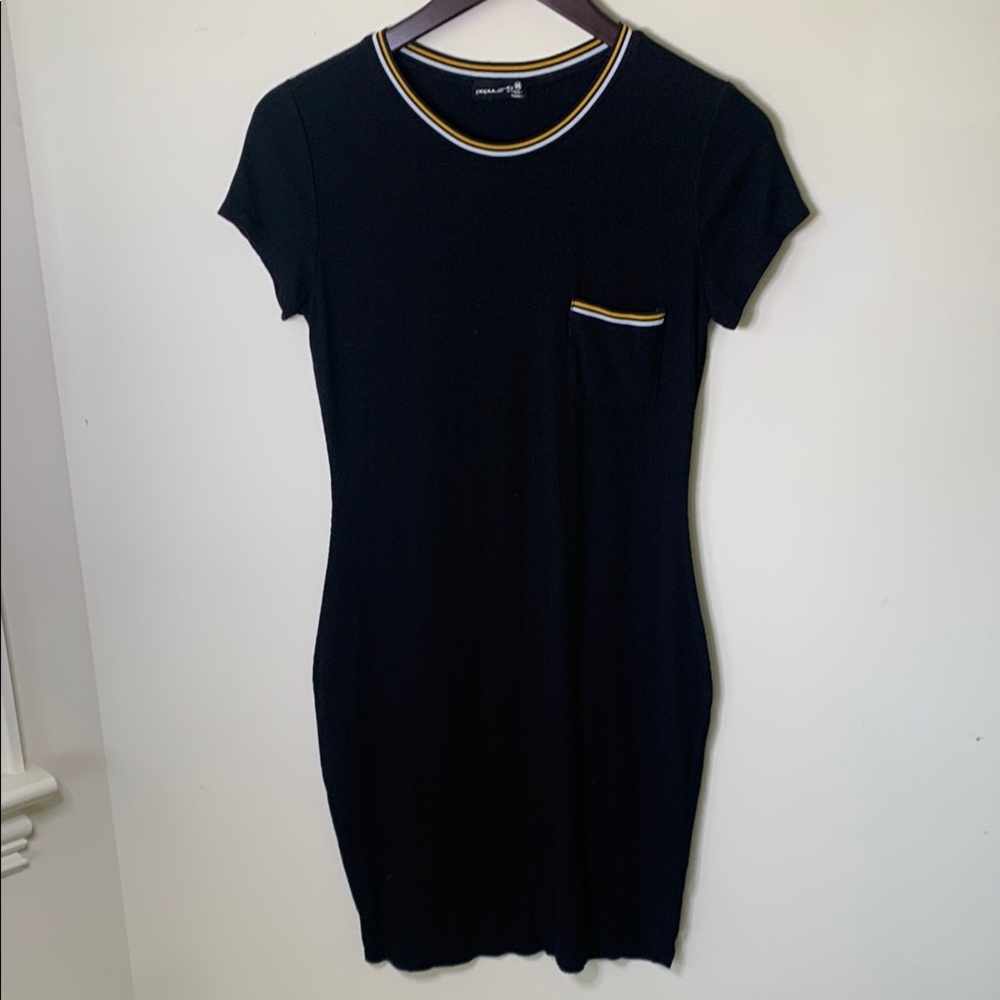 Popular21 Black ribbed knit Mini Dress with White black gold Trim pocket